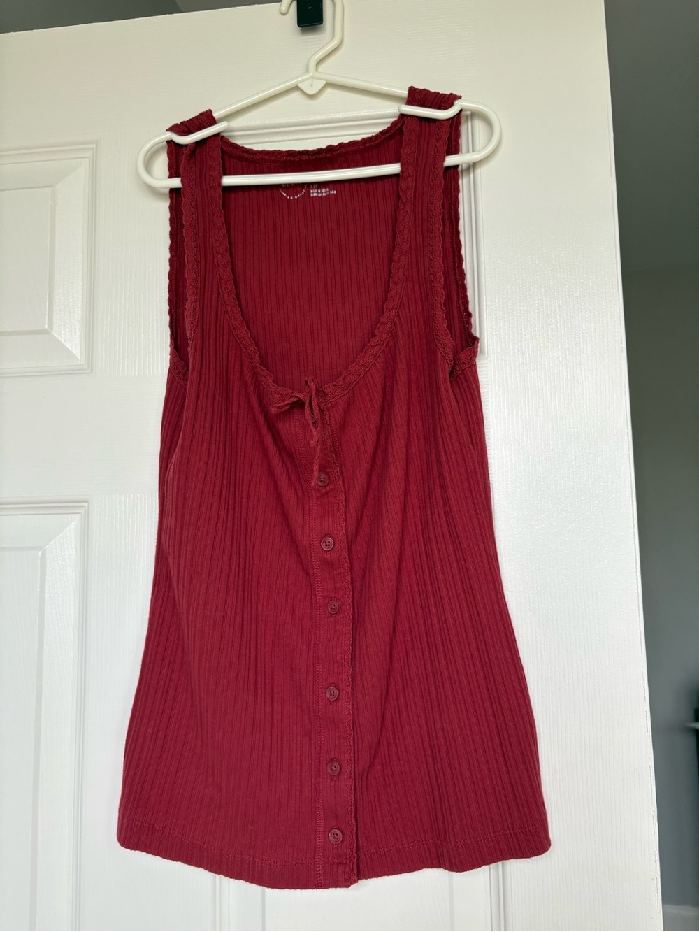 aerie Red Ribbed Button-Front Tank with Tie Neck